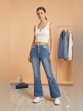 High-Rise Pinstripe Flare Jeans in Blue